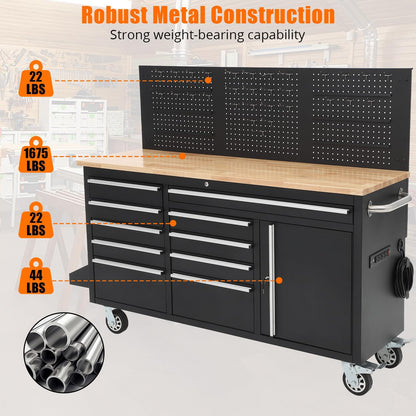 61-Inch Heavy Duty Rolling Tool Chest with 10 Drawers and Solid Rubber Wood Top Mobile Workstation, 1675 LBS Load, Includes Power Strip, Locking System, Drawer Liners for Garage Warehouse Repair Shop