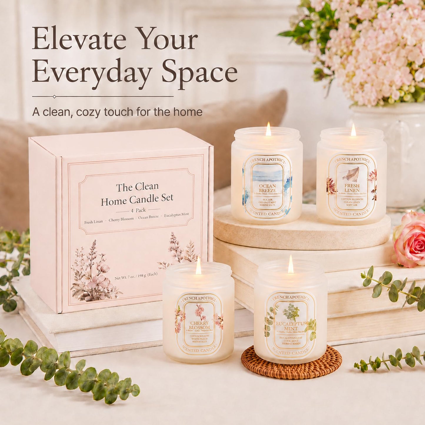 YINUO Scented Candles Gift Set – 4 Pack Natural Soy Wax Aromatherapy Candles, Eucalyptus Mint, Floral & Fresh Scents, Long-Lasting Clean Burn Candle for Home Relaxation & Birthday Gifts for Women
