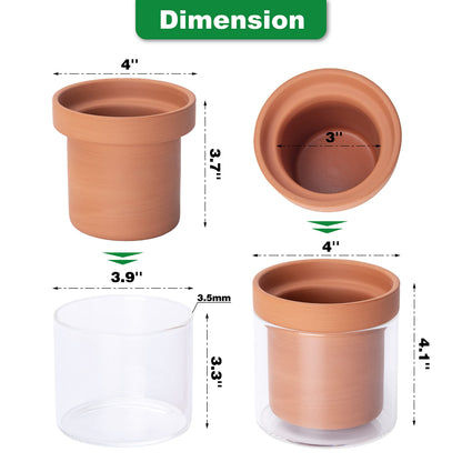 Phoenix Vine 4 Inch Self Watering Planter Pot, Terracotta Clay Pot with Glass Reservoir for Indoor Plants, Herbs, Flowers, Set of 3, 52-A-E-3