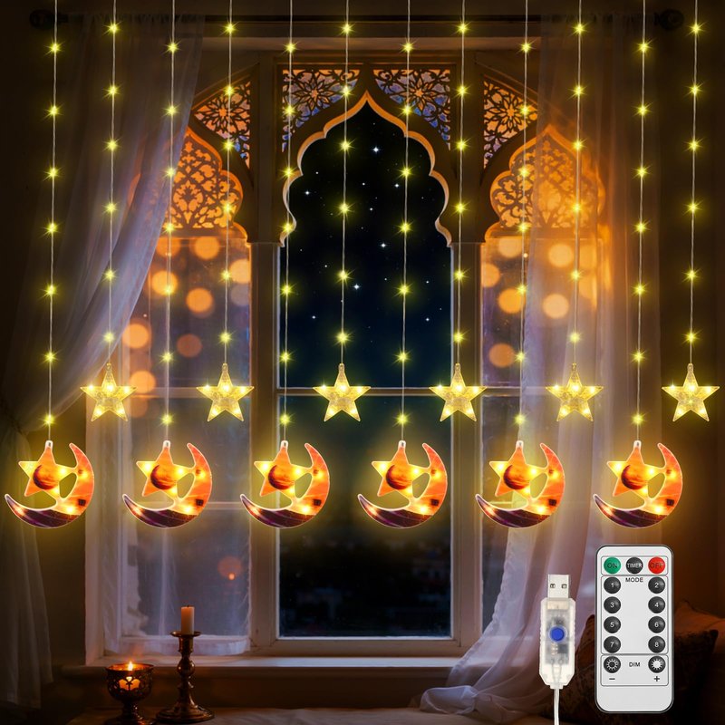 Lewondr Ramadan Curtain String Lights, 138 LED Moon Star Fairy Lights with 6H Timer, 8 Modes, Remote Control, USB Powered Curtain String Light, Eid Mubarak Decorations for Ramadan Home Decorations