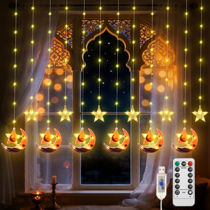 Lewondr Ramadan Curtain String Lights, 138 LED Moon Star Fairy Lights with 6H Timer, 8 Modes, Remote Control, USB Powered Curtain String Light, Eid Mubarak Decorations for Ramadan Home Decorations