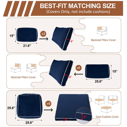 14 Piece Outdoor Patio Cushion Covers Replacement, Waterproof Outdoor Furniture Cushion Covers, Fit 7 Pcs 6 Seater Wicker Rattan Conversation Sofa Set, Navy Blue+White Piping(Only Cover) 25.6x25.6"
