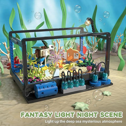 Fish Tank Building SetCompatible with Lego Aquarium Including Marine Life AnimalsCreative Lighting Fish Tank with Submarine Educational Building Toys for Kids 6-12(625Pieces)