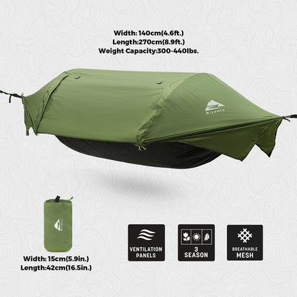 Rivenlo Camping Hammock Tent with Mosquito Net & RainFly, 3 in 1 Waterproof Lightweight Portable Sleeping Hammock Bug Backpacker Travel Outdoor Gear with Tree Strap Swing, for Hiking Patio Expedition