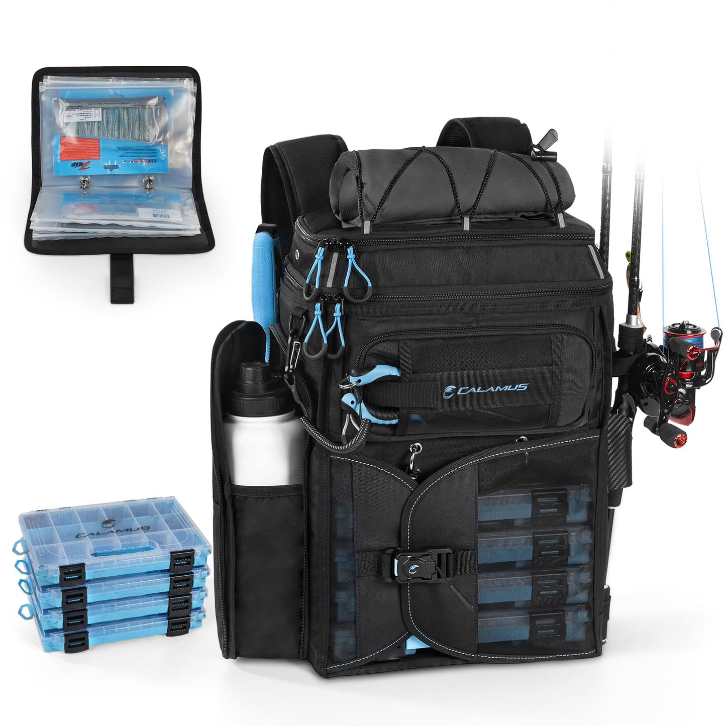 Calamus GearMaster Tackle Backpack with Bait Binder, Large Lightweight Water-Resistant Fishing Bag, Rod Holders, Food Storage