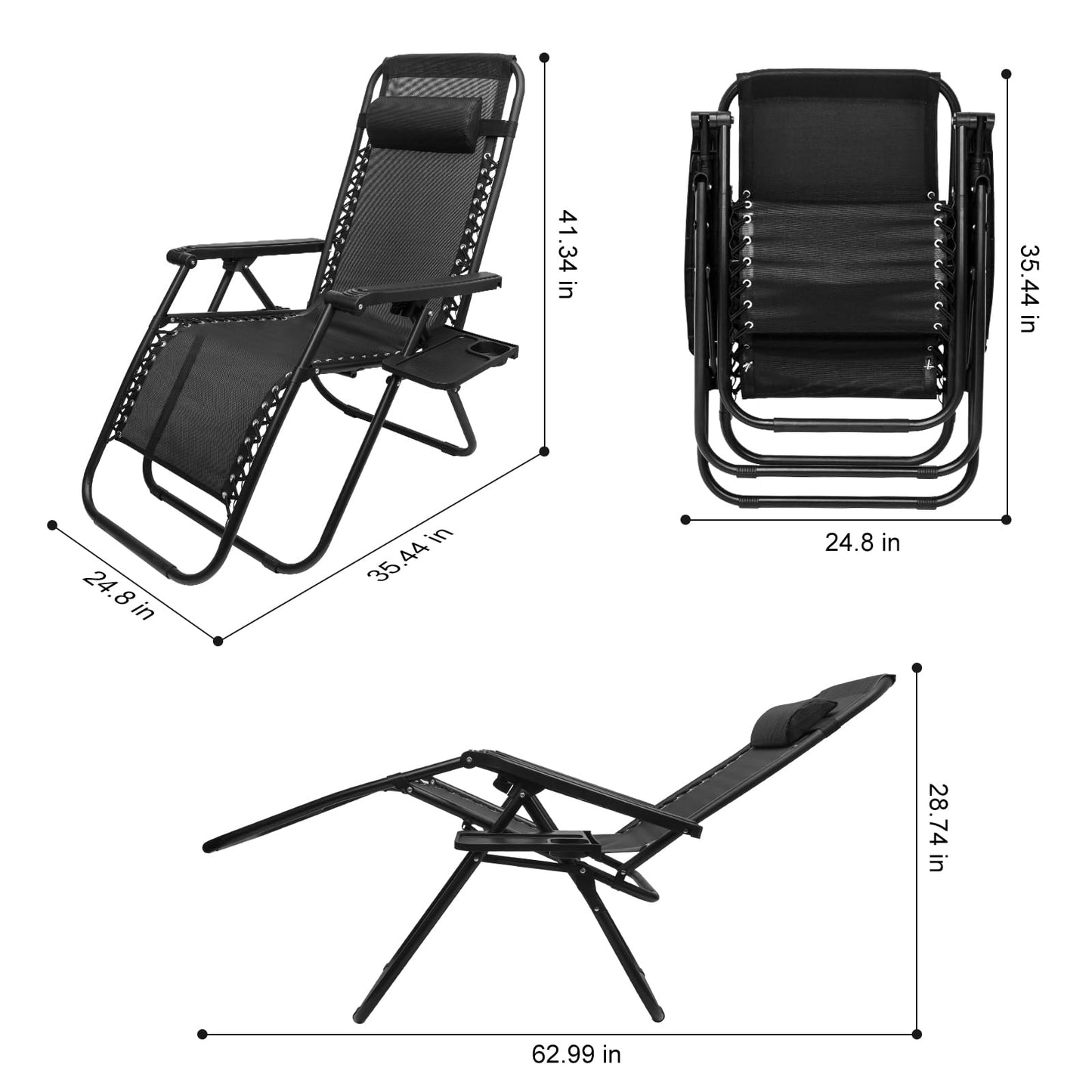 SZHLUX Set of 2 Adjustable Steel Mesh Zero Gravity Lounge Chair Recliners w/Pillows and Cup Holder Trays