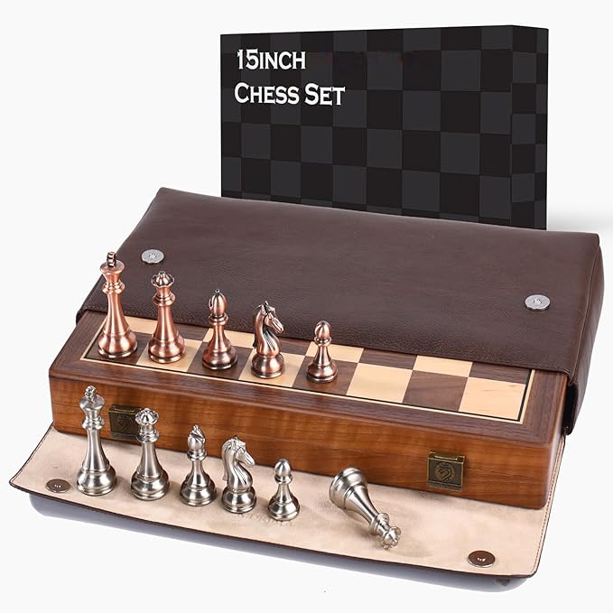 15 Inch Walnut Chess Board Set for Adults Kids Metal Chess Folding Portable Travel Chess Game for Tournament Professional Beginner with Manual
