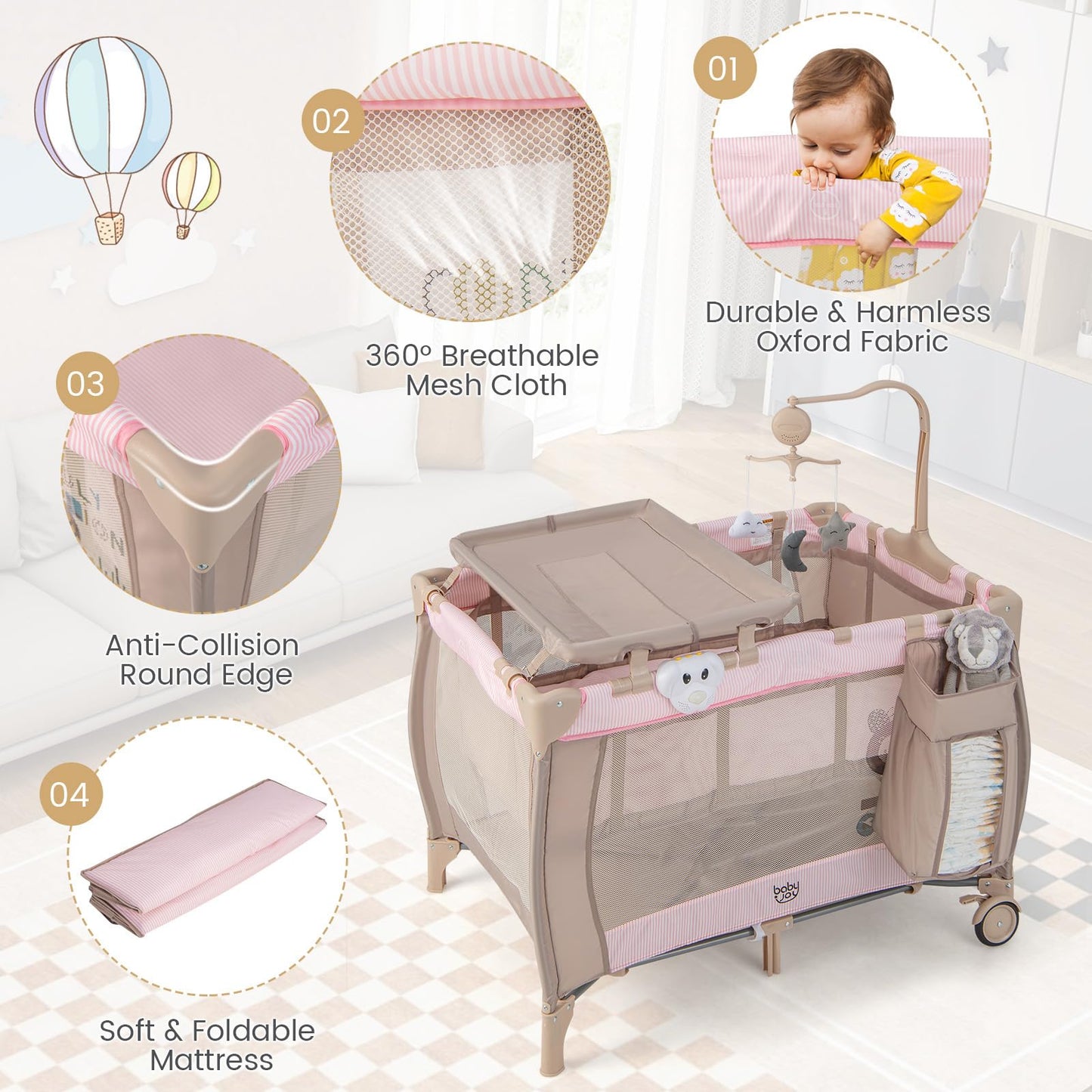 Costzon 3 in 1 Pink Pack and Play with Bassinet, Portable Baby Playard with Changing Table, Music Box, Hangings, Wheels/Brake, Basket, Foldable Infant Pink Bassinet Crib for Baby Girl Toddlers