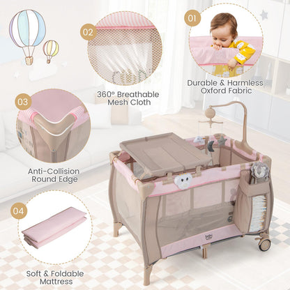 Costzon 3 in 1 Pink Pack and Play with Bassinet, Portable Baby Playard with Changing Table, Music Box, Hangings, Wheels/Brake, Basket, Foldable Infant Pink Bassinet Crib for Baby Girl Toddlers