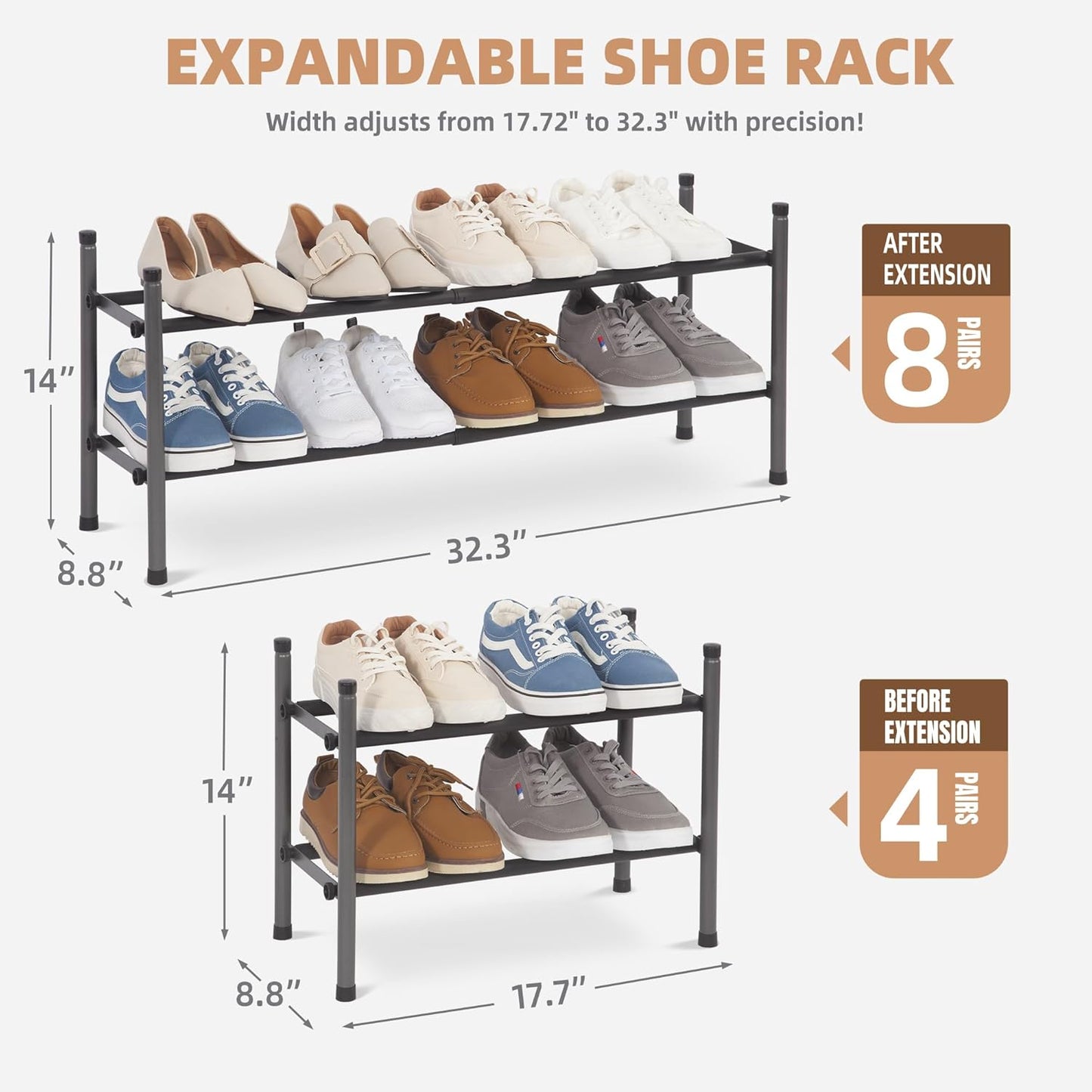 Storage Maniac Expandable Shoe Rack - 8 Pairs Stackable Metal Organizer for Closet & Entryway | Black 2-Tier