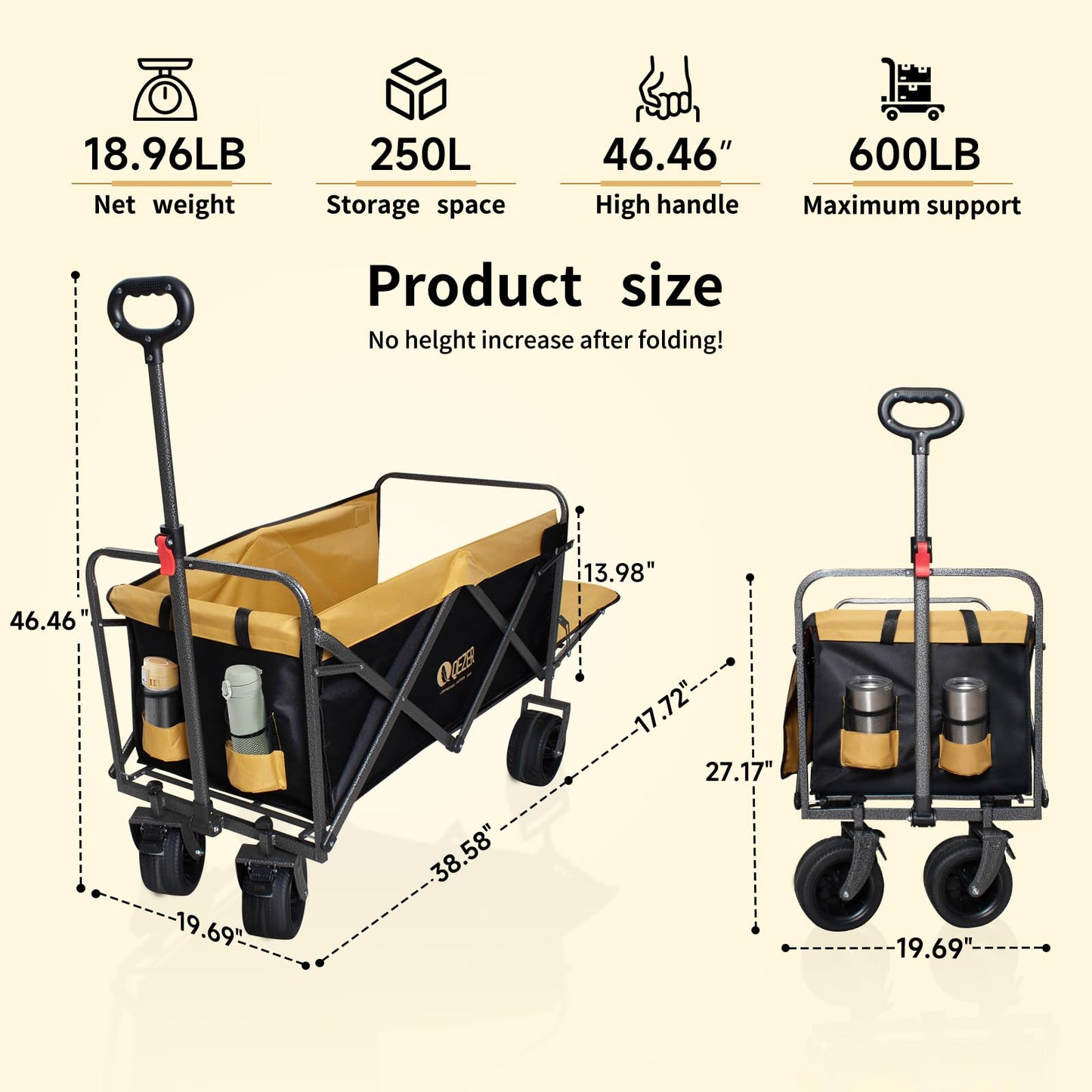 QEZER 56" Large Collapsible Folding Wagon with Tailgate and Brake, 600LBS Heavy Duty Utility Cart, 250L Large All-Terrain Beach Wagon for Camping Garden Shopping Grocery Sports (Yellow, 250L)