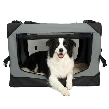 PETSEE 36 Inch Soft Collapsible Crate for Large Dogs, 4-Door Portable Foldable Soft Kennel with Chew Proof Mesh Windows for Indoor & Outdoor Travel Grey