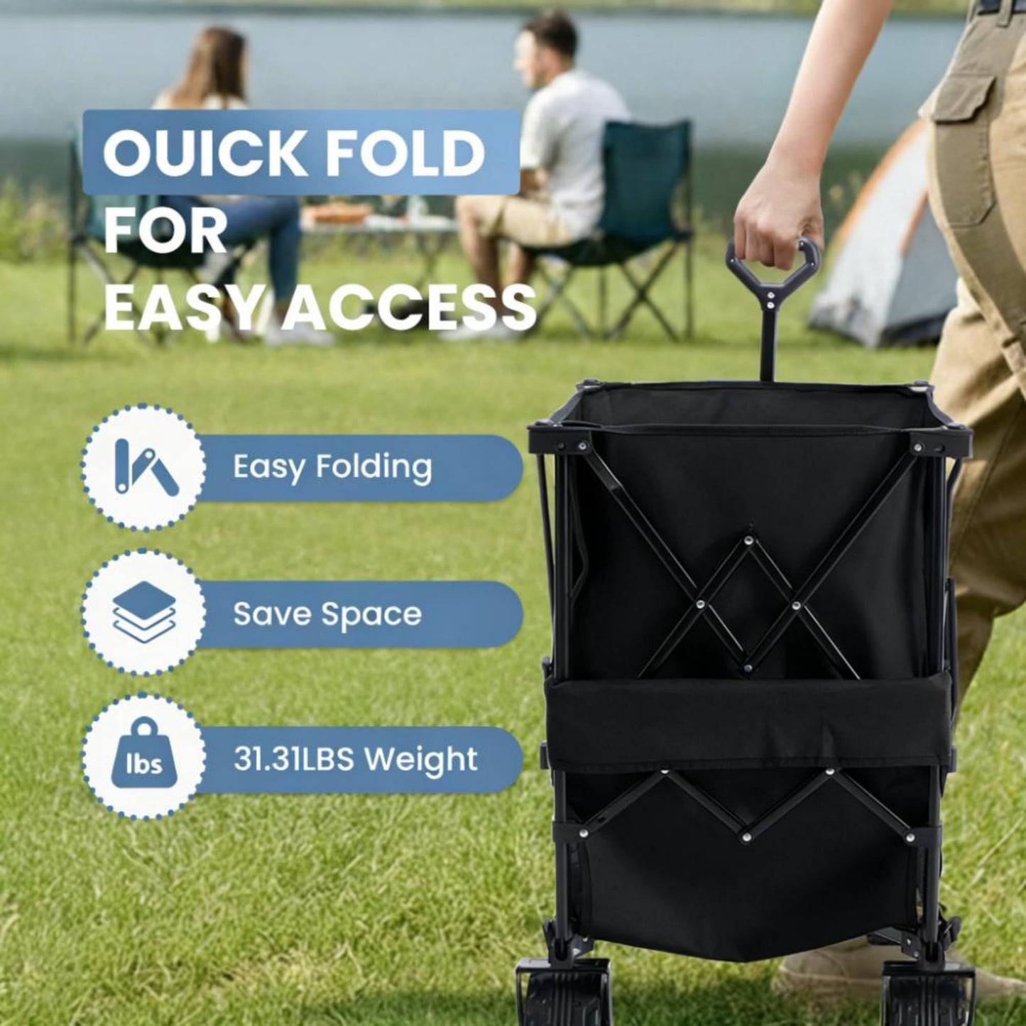 NEWBULIG Large Capacity Wagon Carts Foldable, 440LB Heavy-Duty Double Decker Wagon with All-Terrain Wheels, Portable Storage Shopping Cart for Groceries, Camping, Sports, Beach, Garden