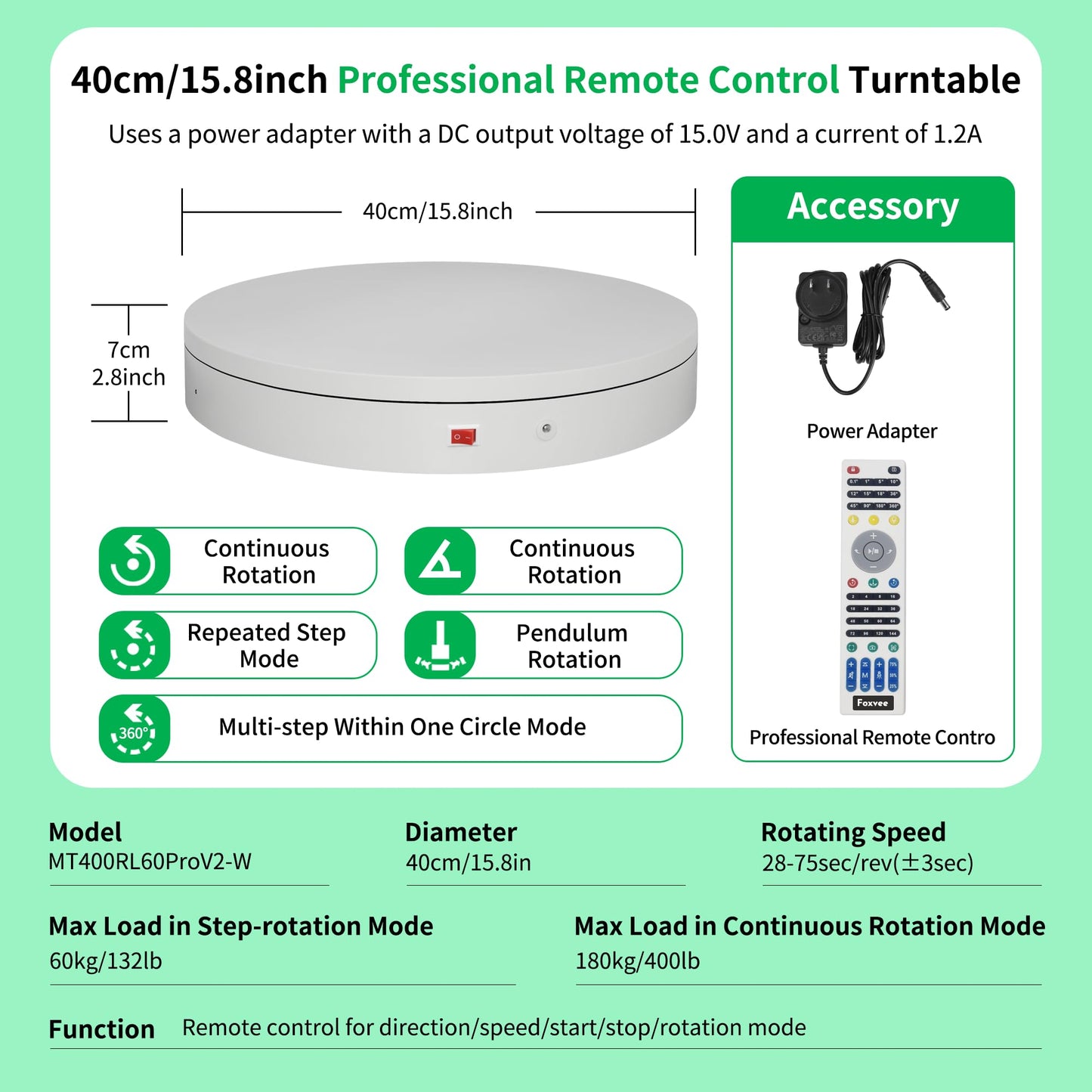 Foxvee Remote-Controlled Motorized Electric Turntable,Rotating Display Stand,Speed-Adjustable Rotating Platform,Multi-Mode 360° Photography Turntable for 3D Scan,Photography,Showcase(15.8inch/White)