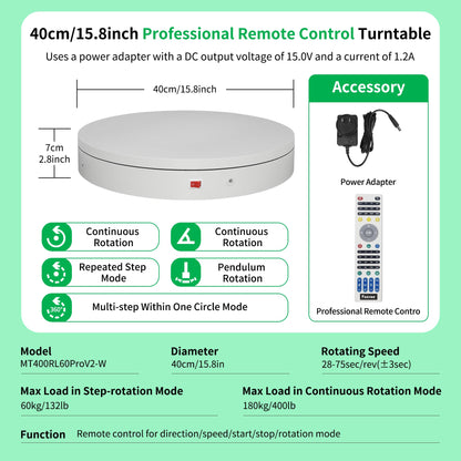 Foxvee Remote-Controlled Motorized Electric Turntable,Rotating Display Stand,Speed-Adjustable Rotating Platform,Multi-Mode 360° Photography Turntable for 3D Scan,Photography,Showcase(15.8inch/White)