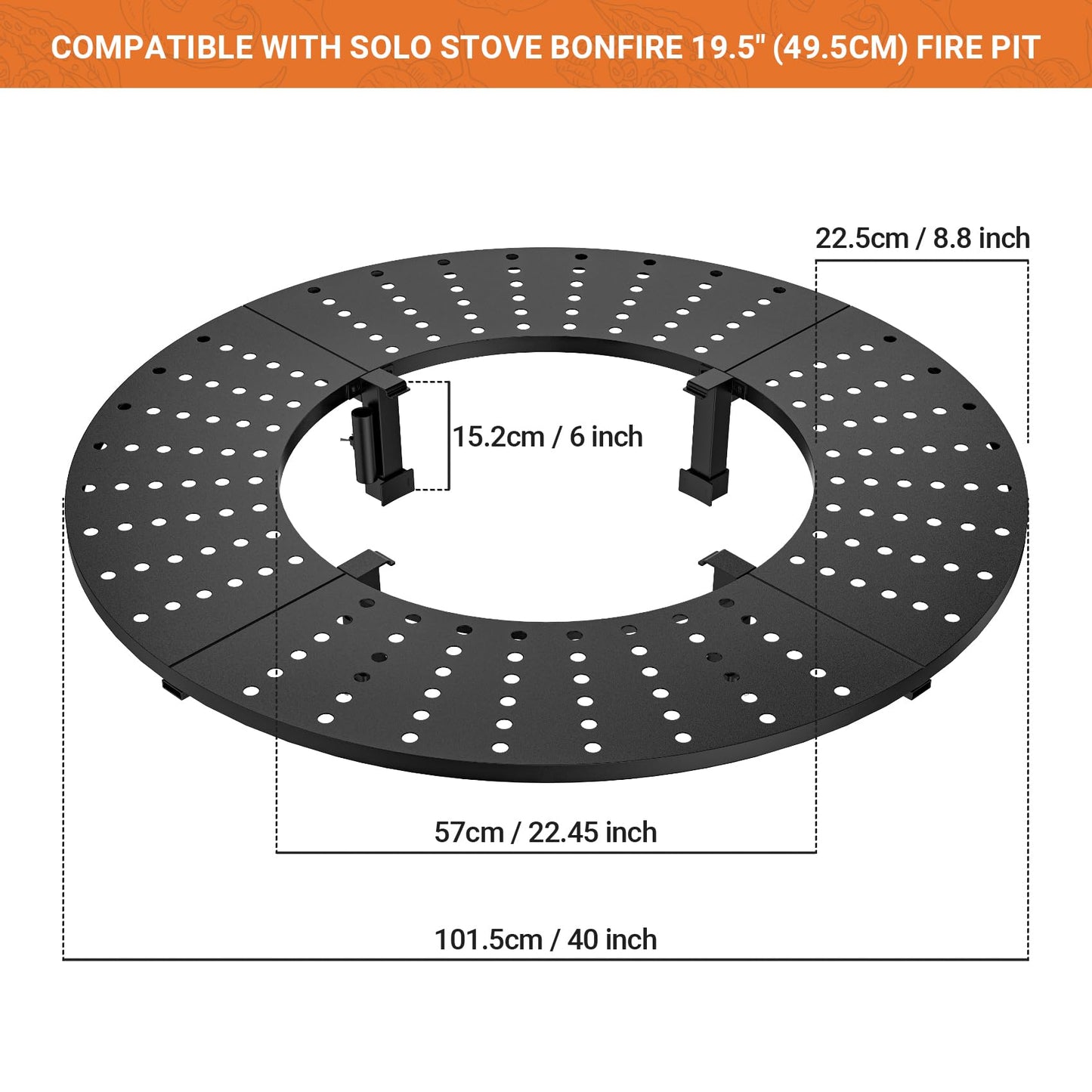 onlyfire Direct Mount Tabletop for Solo Stove Bonfire 19.5 inch Fire Pit, 40 inch Round Heat-Resistant Surround Tray, 4-Piece Modular Patio Snack Table for Drinks & Food, Solo Stove Accessories