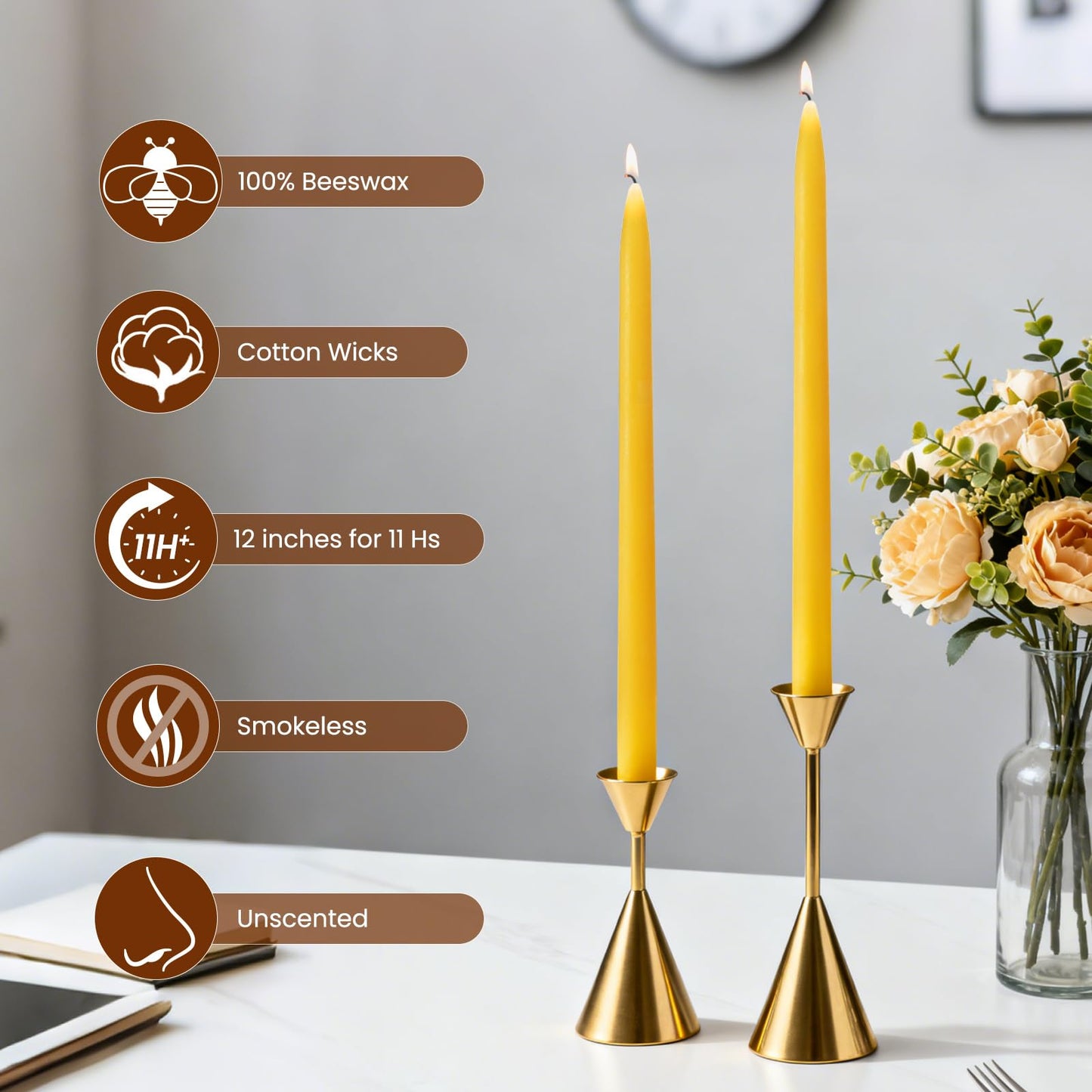 AGLARY 10 Pack Natural Yellow Pure Beeswax Taper Candles， 12-Inch, Unscented with Cotton Wicks - Air Purifying, Recyclable Paper Box.