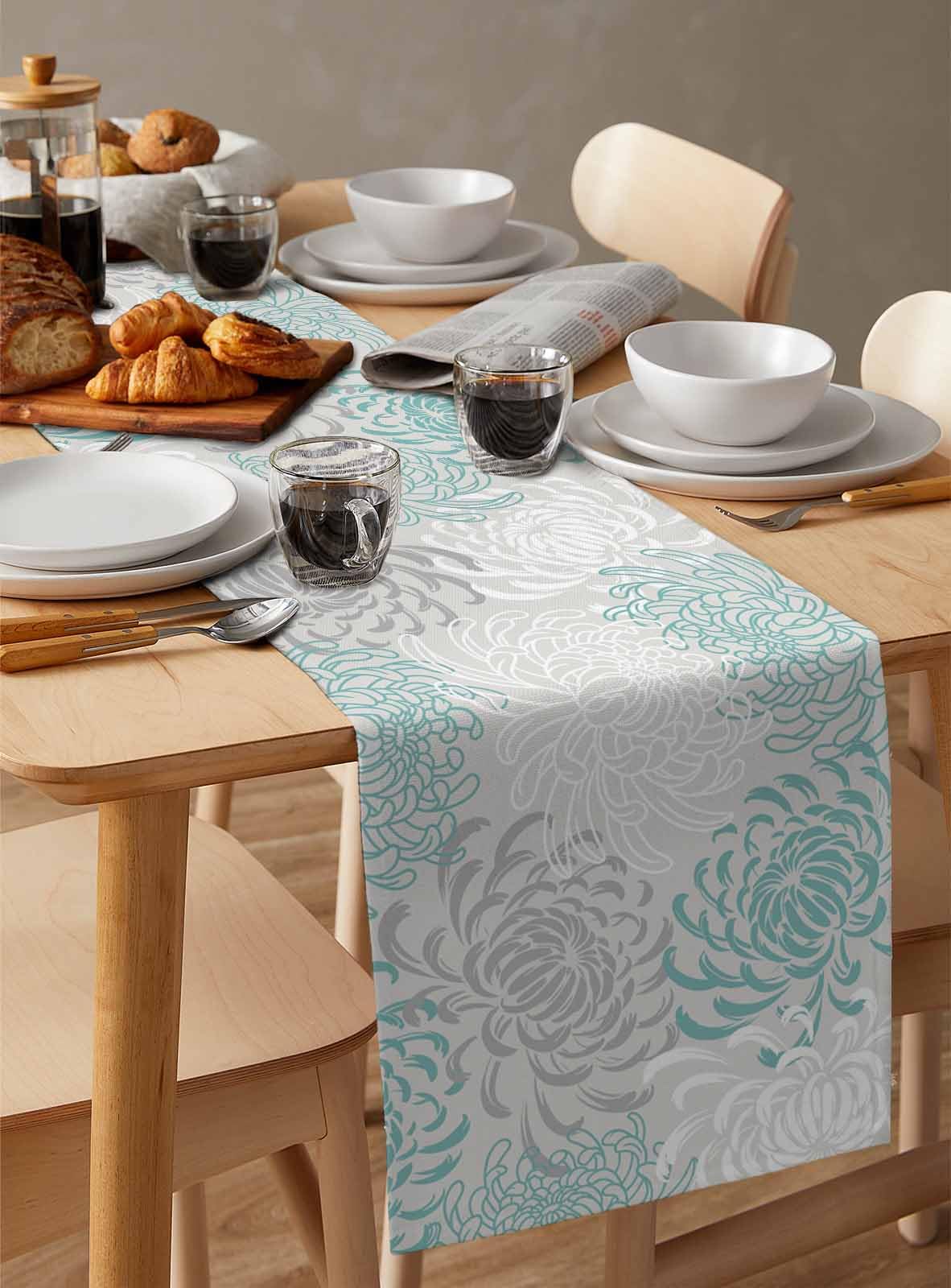 PIEPLE Aqua Chrysanthemum Flowers Table Runner-Cotton Linen-Long 13x108inches Dresser Scarves,Floral Grey Tablerunner for Kitchen Coffee/Dining/End Table Bedroom Living Room,Scarf Decor for Holiday