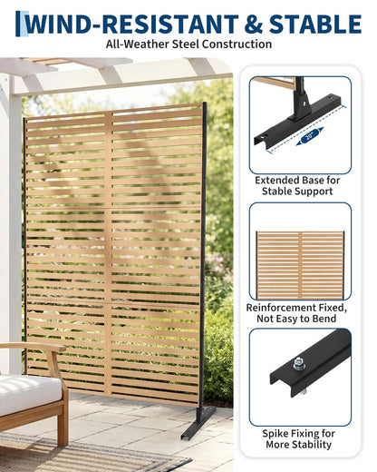 Metal Privacy Screen, 48" W x 75" H, Outdoor Freestanding Privacy Fence Panel, No Dig Steel Decorative Fence, Rustproof Fence Panels for Yard, Patio, Garden, Balcony, Pool, Wood-Grain Horizontal Slat