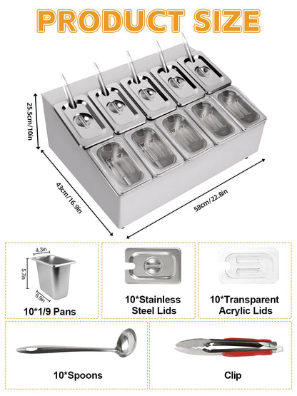 Lanstics Pizza Topping Station 10 Pans Pizza Storage Container Topping containers with Lids Spoon Condiment Organizers Buffet Containers Set for Restaurant Pizza Sauce Jam Fruit Ingredient