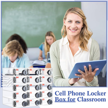 Reallnaive 15 Slots Cell Phone Locker with Combination Lock, Cell Phone Storage for Classroom, Clear Acrylic Storage Cabinet Bin, Wall Mounted for School Students Office Factory Employees