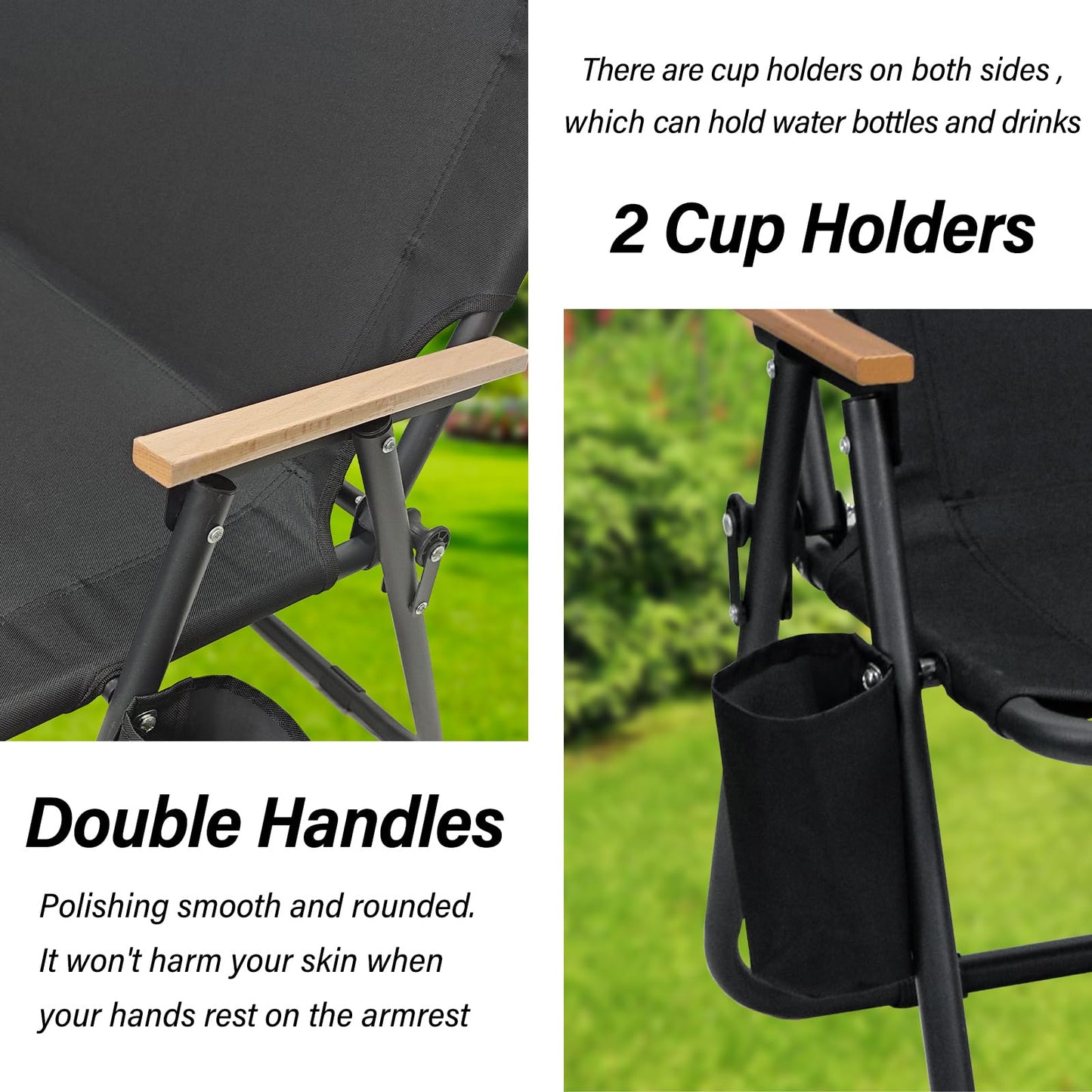 ptlsy 2 Person Camping Chair Oversized Loveseat Camping Chair with Seat Cushion Double Camping Chairs for Adults Heavy Duty Camping Couch Black Outdoor Folding Chair Portable Patio Lawn Chair
