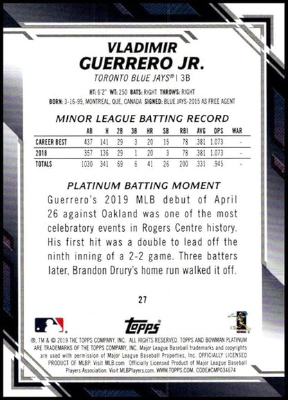 2019 Bowman Platinum Rookie Short Prints Baseball #27 Vladimir Guerrero Jr. SP Short Print Toronto Blue Jays Official Retail Exclusive Trading Card From Topps in Raw (NM or Better) Condition