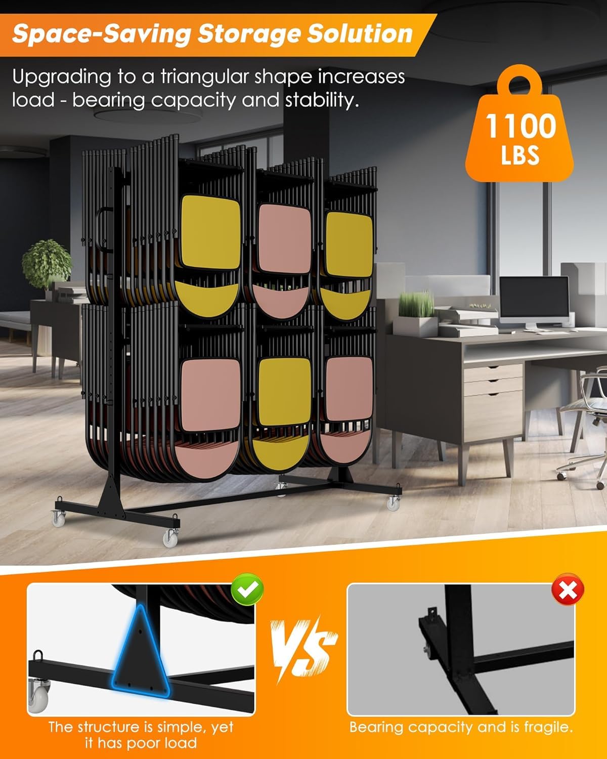 Folding Chair Rack; Folding Chair Cart with Locking Wheels for 84 Chairs or 12 Tables + 42 Chairs; Heavy - Duty Large Chair Holder Includes Weatherproof Cover