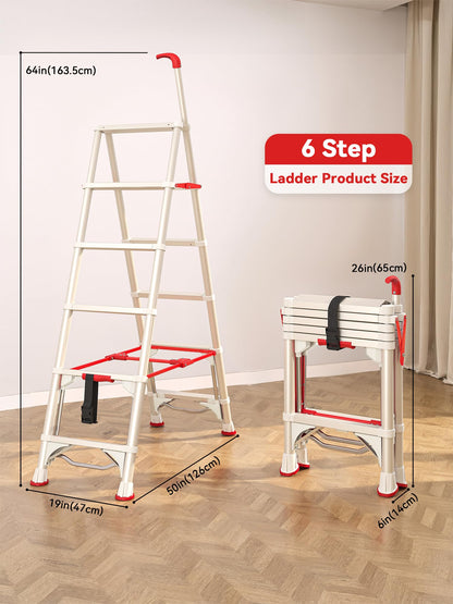 6-Step Folding Step Stool, 5.4 FT Compact Climbing Ladder with Secure Lock, Wide Non-Slip Steps & Anti-Skid Feet, Portable Carbon Steel Folding Ladder for Home, Garage, Warehouse,White