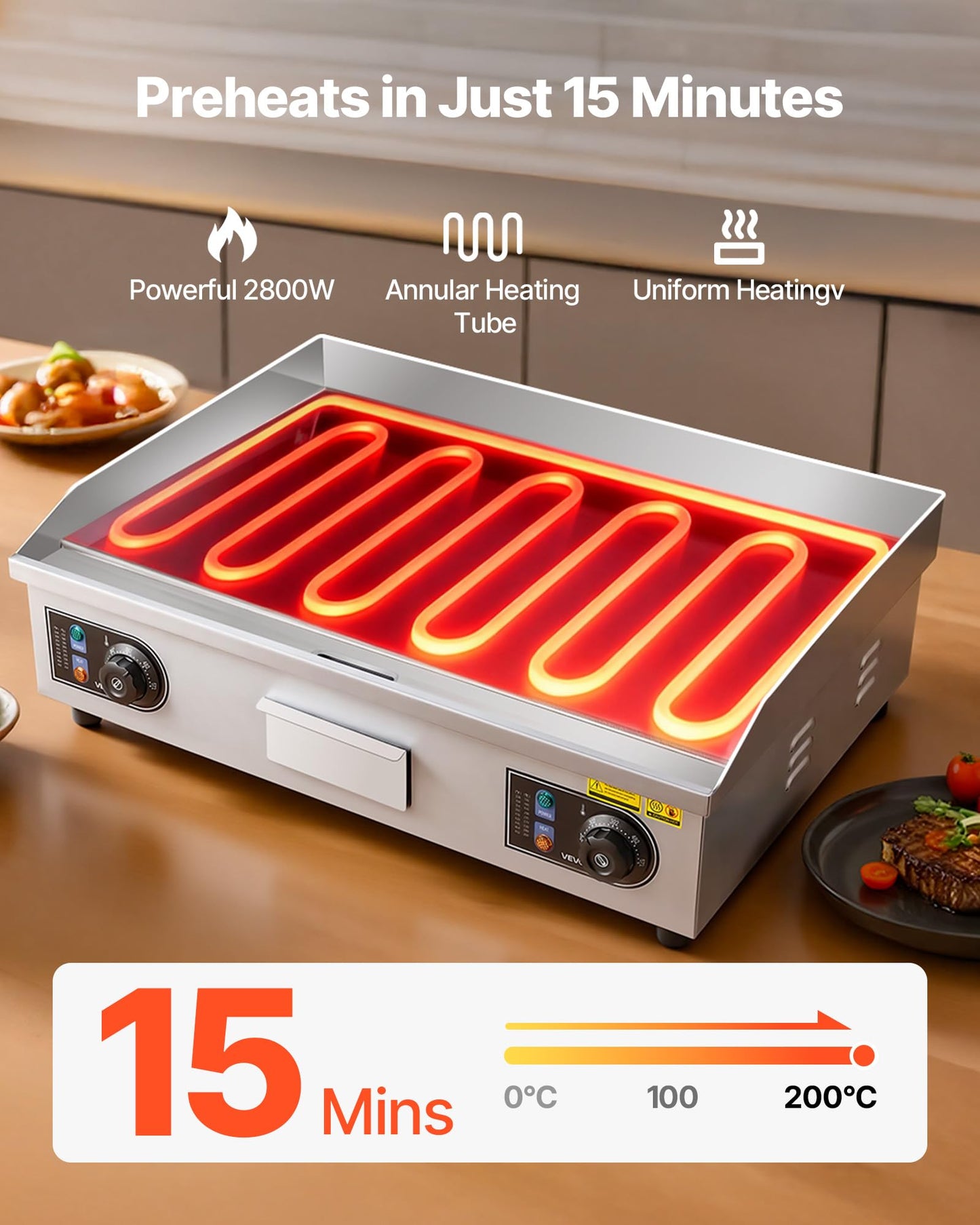 VEVOR Commercial Electric Griddle, 25.79 x 15.75 inch, 2800W, 122-570°F Adjustable Temp Control, Stainless Steel Body, Full Flat, with 2 Spatulas, 2 Brushes, and 4 Foot Pads, for Steak(NO PLUG)