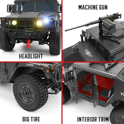1:14 Scale 4WD Off-Road Car RC Crawler Military Truck with Winch Led Light All-Terrain Remote Control Car RTR Hobby Toy Armored Vehicle Gift for Boys Adults