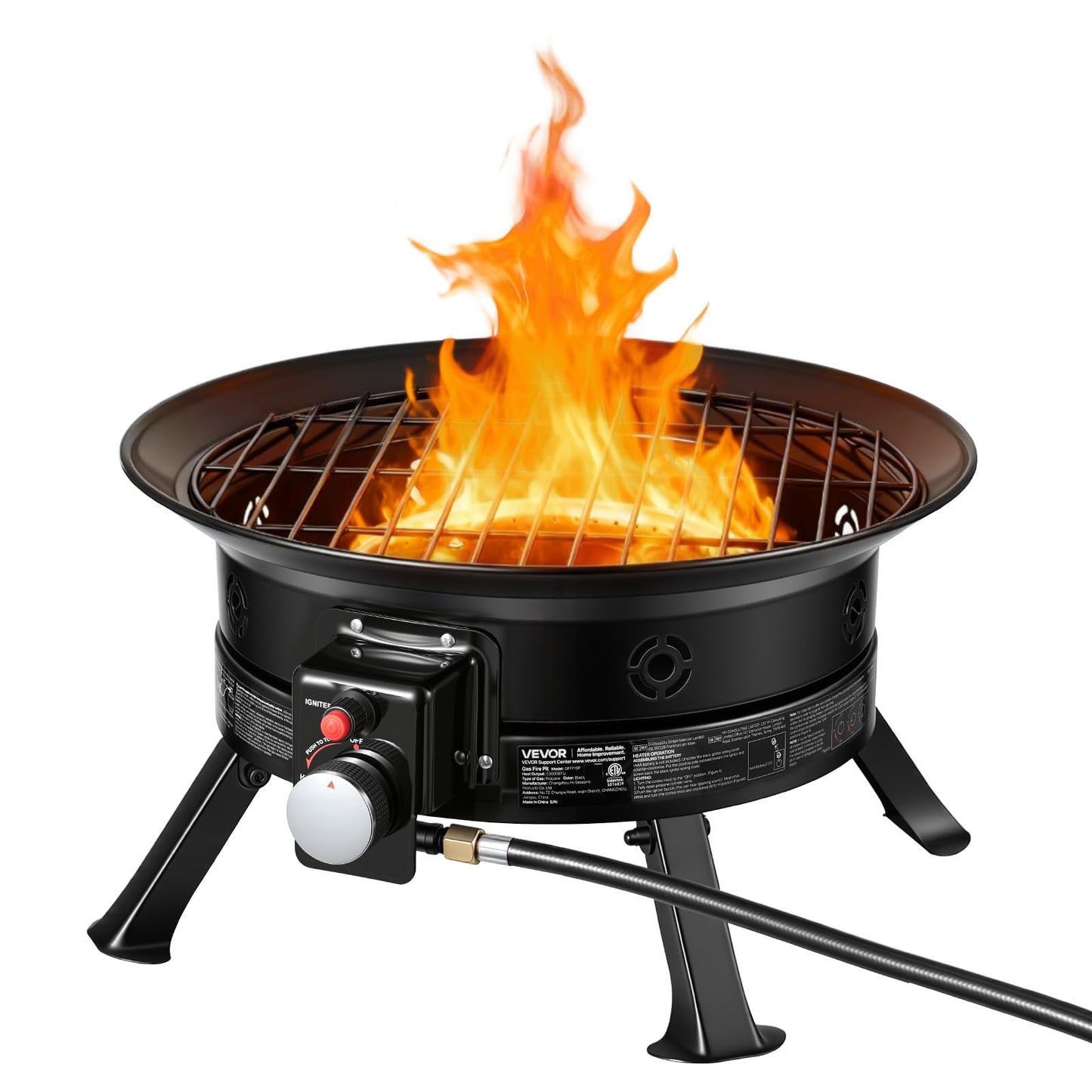 VEVOR Propane Fire Pit 24-Inch, 53,000 BTU Portable Gas Fire Pit, with Grill Grate & Lava Rocks, Adjustable Flame, Folding Legs,Smokeless Outdoor Firebowl for Camping, Patio, Backyard, Deck, RV, Black