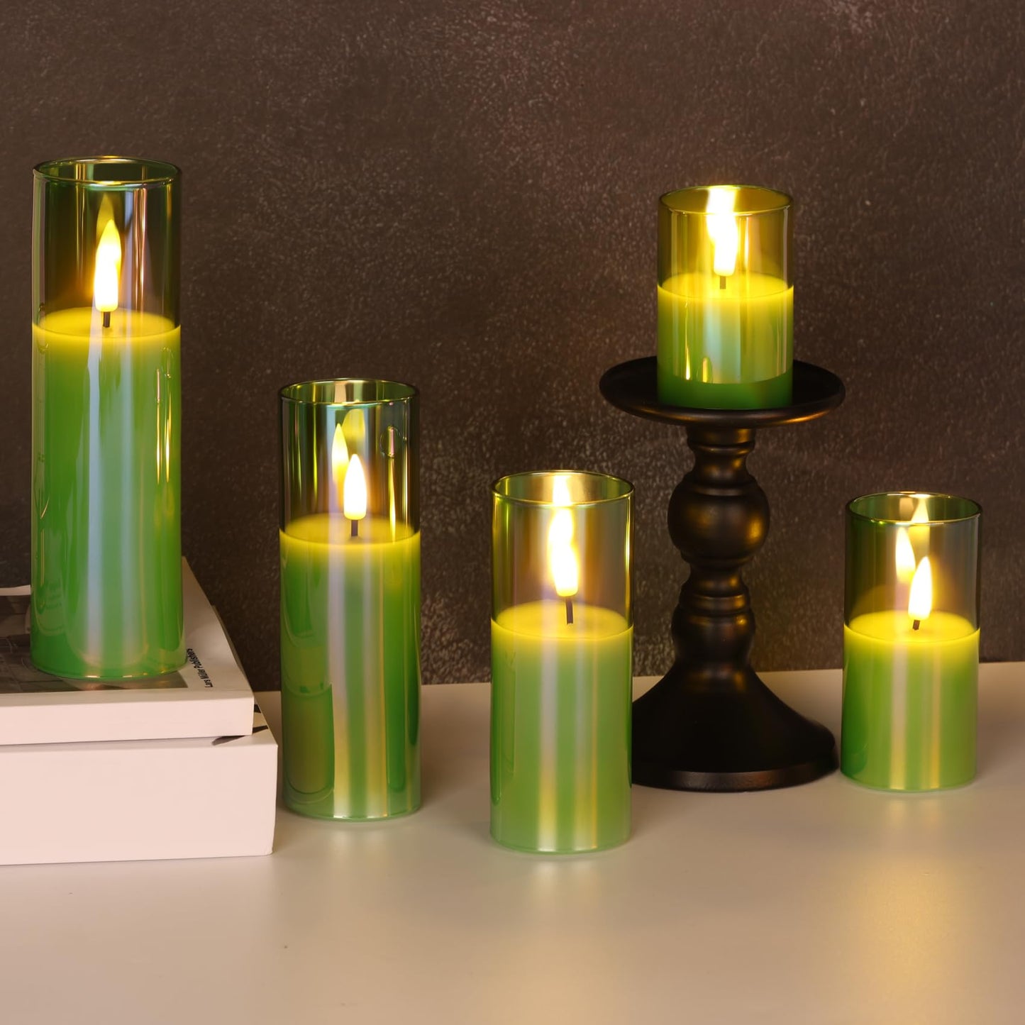 Girimax Green Glass Flameless Pillar Candles with Remote Batteries, Flickering Slim Tall LED Wax Candles Set of 5