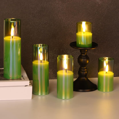Girimax Green Glass Flameless Pillar Candles with Remote Batteries, Flickering Slim Tall LED Wax Candles Set of 5