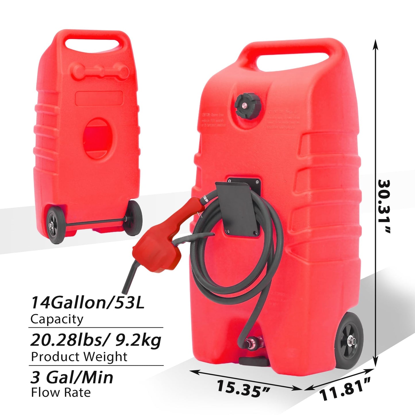 PeakPursuit 14 gal Gas Caddy, 57L Portable Fuel Tank and Fuel Transfer Pump with 10-Foot Hose for Lawn Mower, Farm, Marine, and Home Use