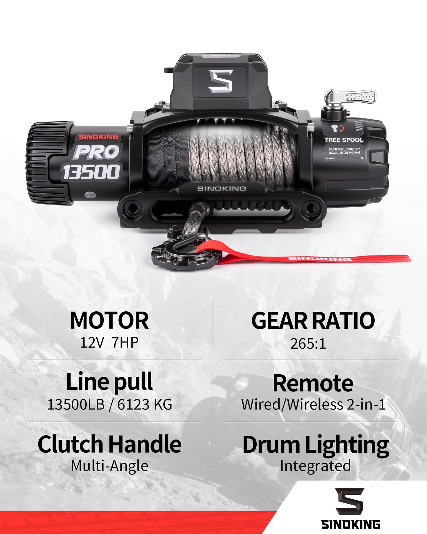 SINOKING PRO Series 13500 lb Electric Winch, 12V Towing Winch, Synthetic Rope, 2-in-1 Wired/Wireless Remote, Waterproof IP67, 7 HP Motor for Jeep, SUV, Truck & Trailer