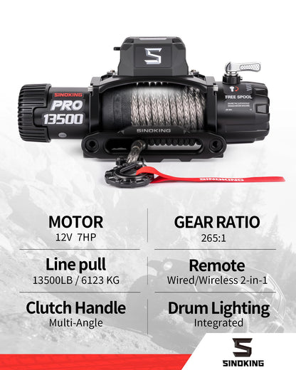 SINOKING PRO Series 13500 lb Electric Winch, 12V Towing Winch, Synthetic Rope, 2-in-1 Wired/Wireless Remote, Waterproof IP67, 7 HP Motor for Jeep, SUV, Truck & Trailer