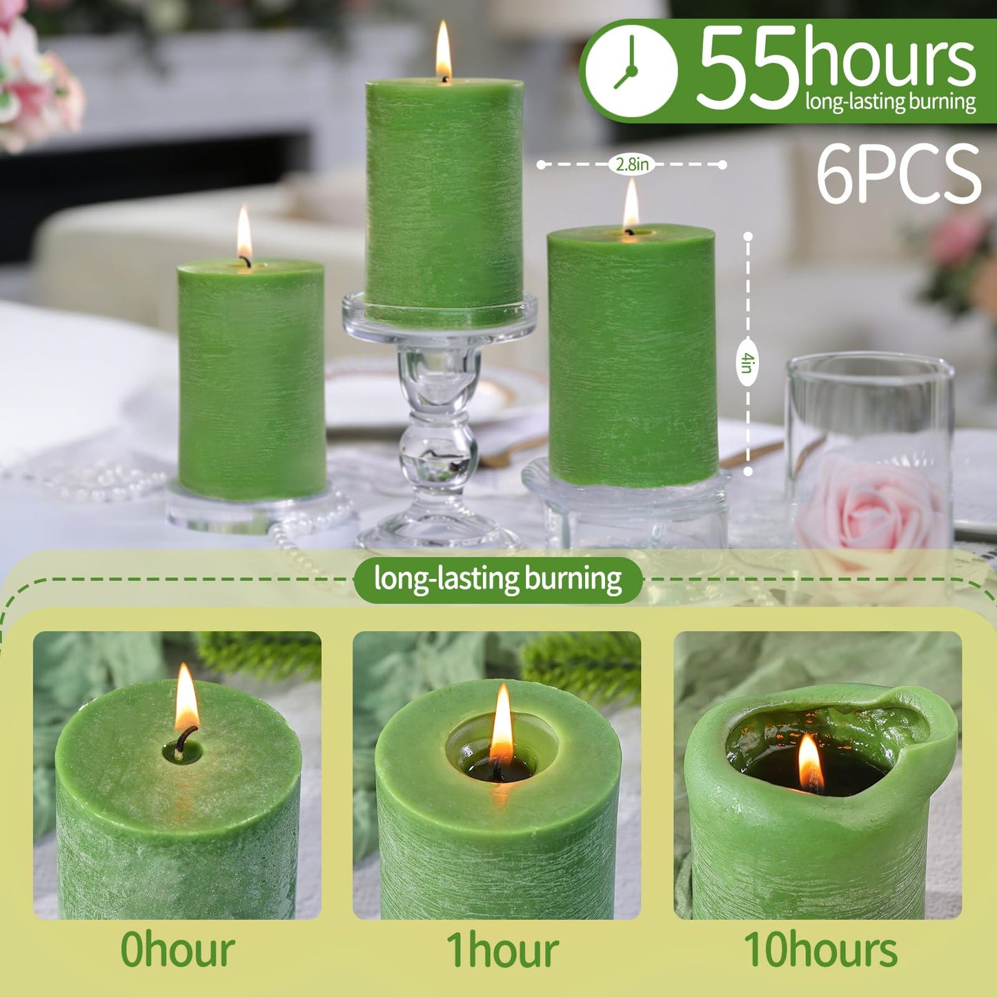6 Pack Moss Green Soy Pillar Candles, 2.8x4in - 330H Total Burn Time - Rustic Textured Natural Wax - Non-Toxic, Dripless & Smokeless Hand-Poured Candles for Spring Home Decor, Dinner Table, Wedding