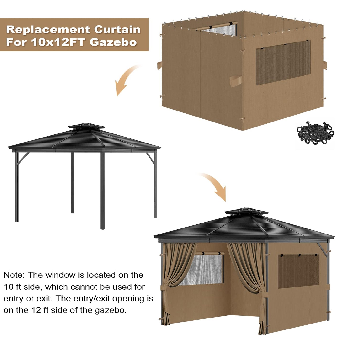 Universal Replacement Privacy Curtains for Gazebos, 10x12 ft Outdoor Waterproof with Large Mosquito-Proof Window Opening, 2-Piece Four-Sided Side Walls with Zippers (Curtains Only, Khaki)