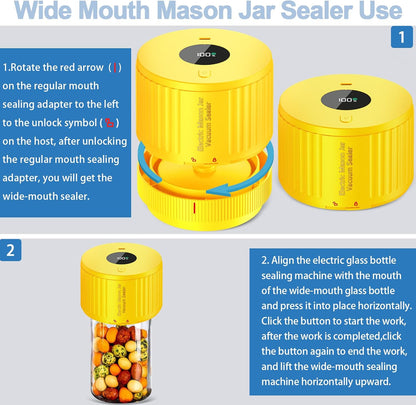 LOVE MOMENT Electric Mason Jar Vacuum Sealer Kit - Ideal for Wide & Regular Mouth Jars - Yellow