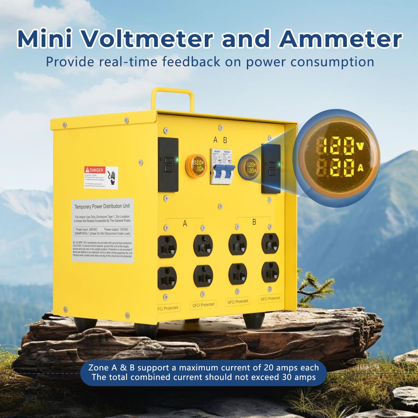 Zuomeng 30-Amp Portable Power Center, Split 240VAC Input into 2 Separate 120VAC Output, A&B Zone Independent Control with 2 Mini Voltmeter and Ammeter