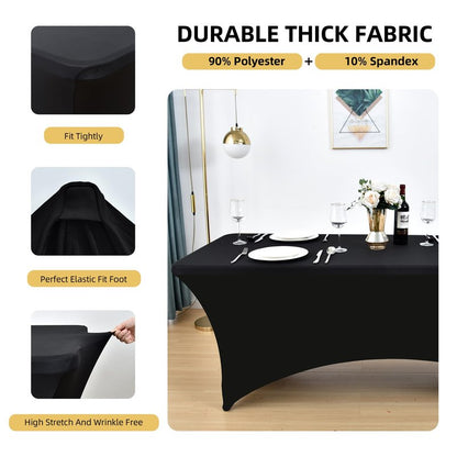 ZarzaaSik 2-Pack 4ft Black Spandex Table Covers for Rectangular Folding Tables - Wrinkle Resistant Stretch Tight Table Cloths - Ultimate Fitted Table Protector for Parties, Banquet, and Wedding