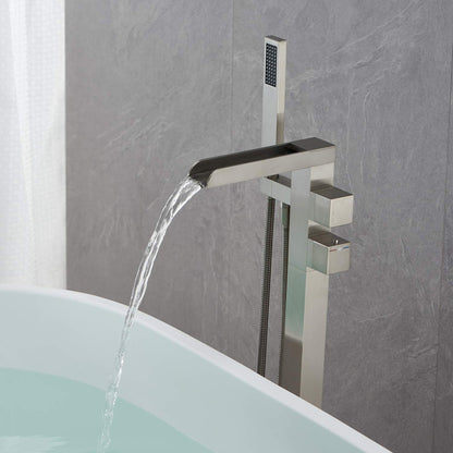 Wowkk Thermostatic Freestanding Bathtub Faucet Waterfall Tub Filler Brushed Nickel Floor Mount Brass Bathroom Faucets with Hand Shower