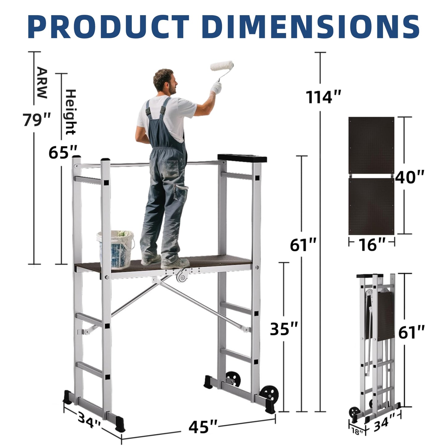 APARECIUM 5' Foldable Aluminum Scaffolding, Portable Scaffolding Ladder, Rolling Scaffolding Work Platform, Scaffold Tower, Ladder Stool Work Bench, Adjustable Work Platform, 330 Lbs Duty Rate