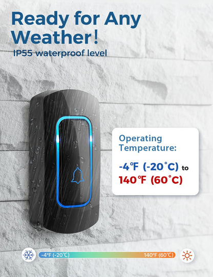 AVANTEK Wireless Doorbell D-3C, 1300 ft Long Range Door Chime Kit, 52 Melodies, Up to 115dB Volume and LED Flash with 2 Plug-In Receivers & 1 Push Button, Black