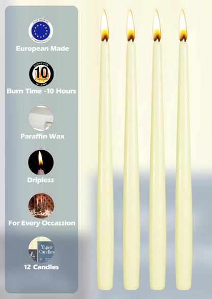 12 Pack Tall Taper Candles - 12 Inch Ivory Dripless, Unscented Dinner Candle - Paraffin Wax with Cotton Wicks - 10 Hour Burn Time