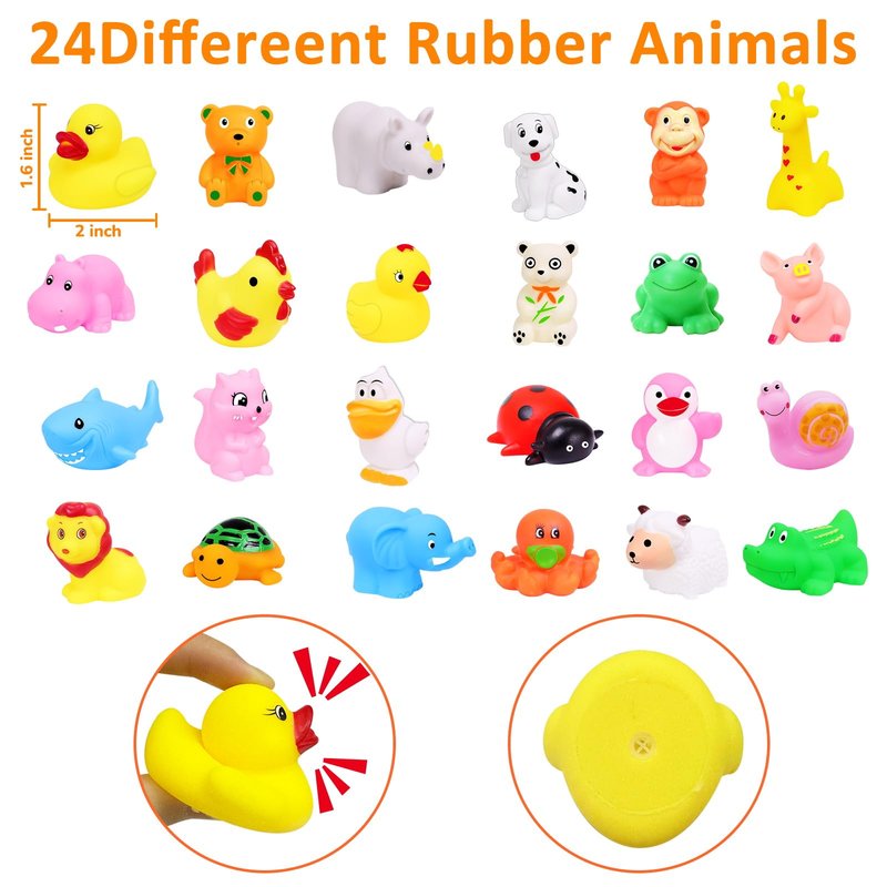 24 Pack Animal Squeeze Squeak Toys, Funny Rubber Ducks Bulk Set, Bath Toys Party Favors Classroom Prizes Stress Relief Sensory Toys for Toddlers Kids