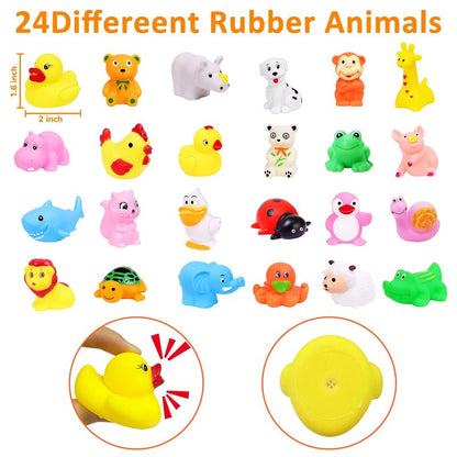 24 Pack Animal Squeeze Squeak Toys, Funny Rubber Ducks Bulk Set, Bath Toys Party Favors Classroom Prizes Stress Relief Sensory Toys for Toddlers Kids