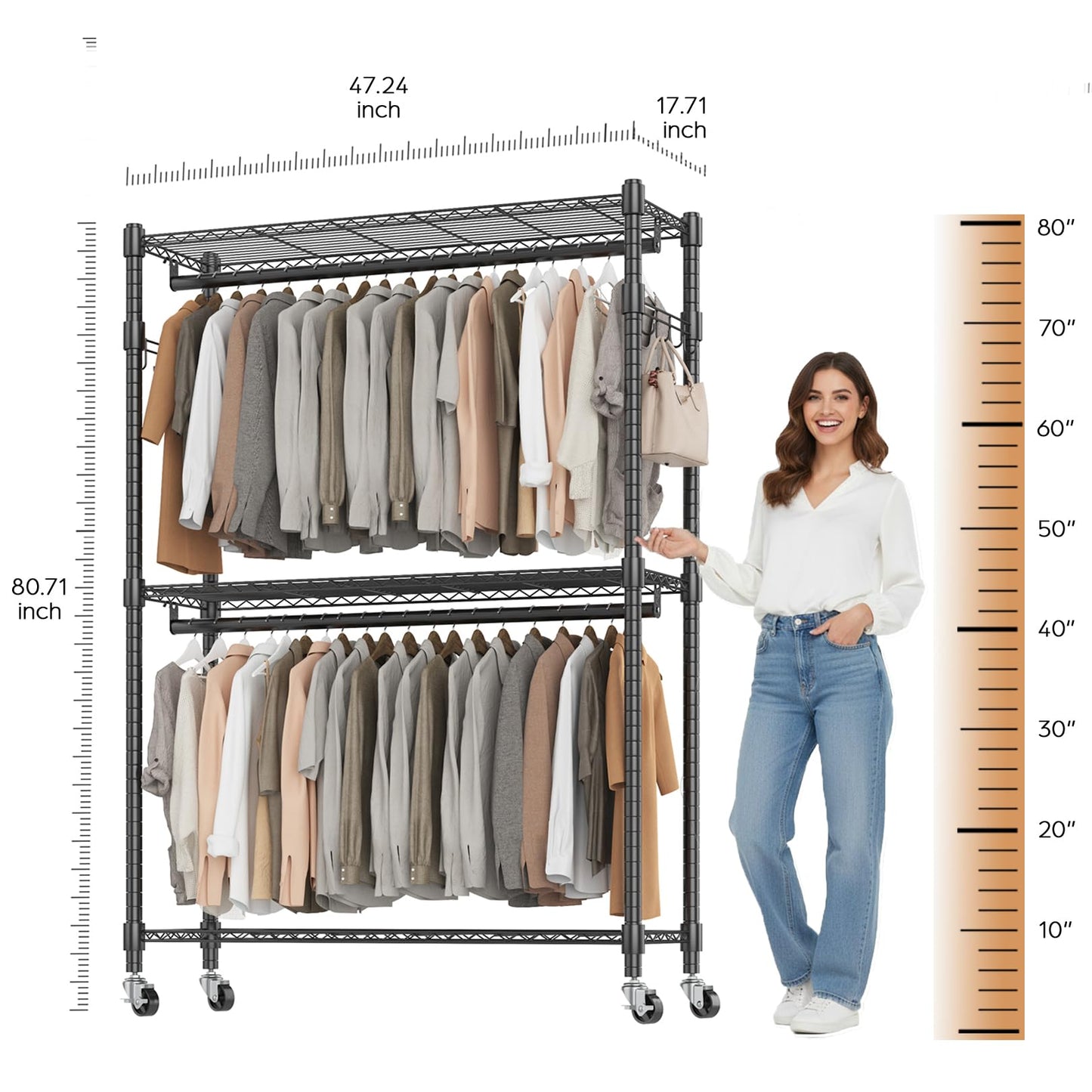 BATHWA Heavy Duty Rolling Clothes Rack with Wheels, 640 lb Hanger Rack & Garment Rack, 25mm Metal Freestanding Portable Closet, 2 Rods + Adjustable Shelves for Hanging Clothes