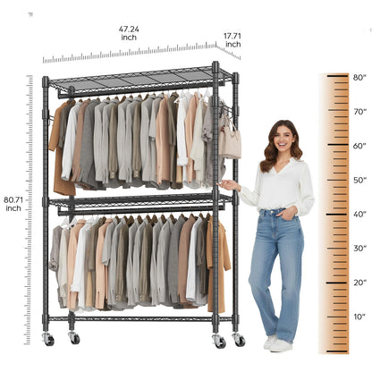 BATHWA Heavy Duty Rolling Clothes Rack with Wheels, 640 lb Hanger Rack & Garment Rack, 25mm Metal Freestanding Portable Closet, 2 Rods + Adjustable Shelves for Hanging Clothes